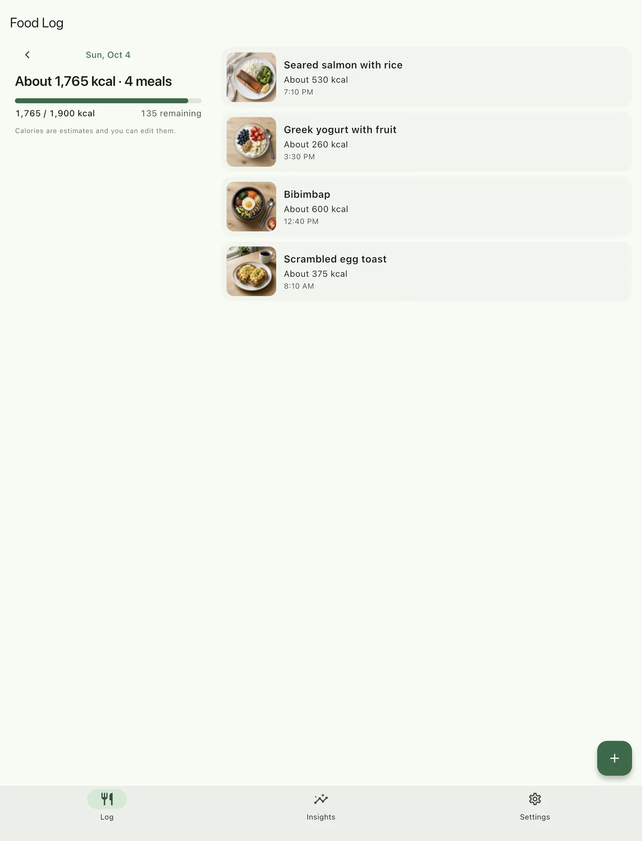 iPad Food Log screen, sample data. Left: Sun, Oct 4, about 1,765 kcal across 4 meals with a 1,765 / 1,900 kcal progress bar. Right: cards for seared salmon with rice, Greek yogurt with fruit, bibimbap, and scrambled egg toast.